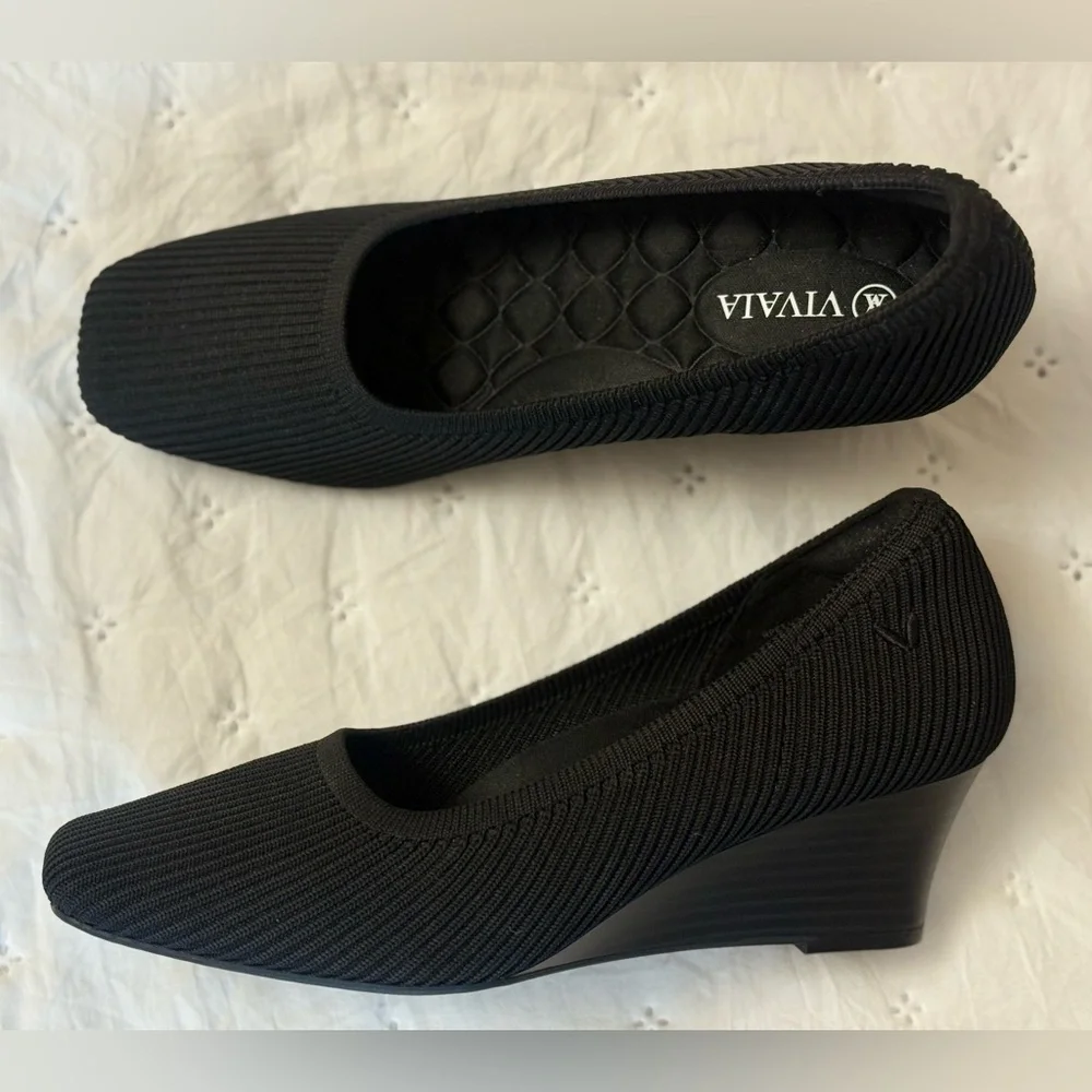ViVAIA Woman’s Margo Pump Size 36.5 Black Knit Wedge Heel Shoe Square Toe Comfy